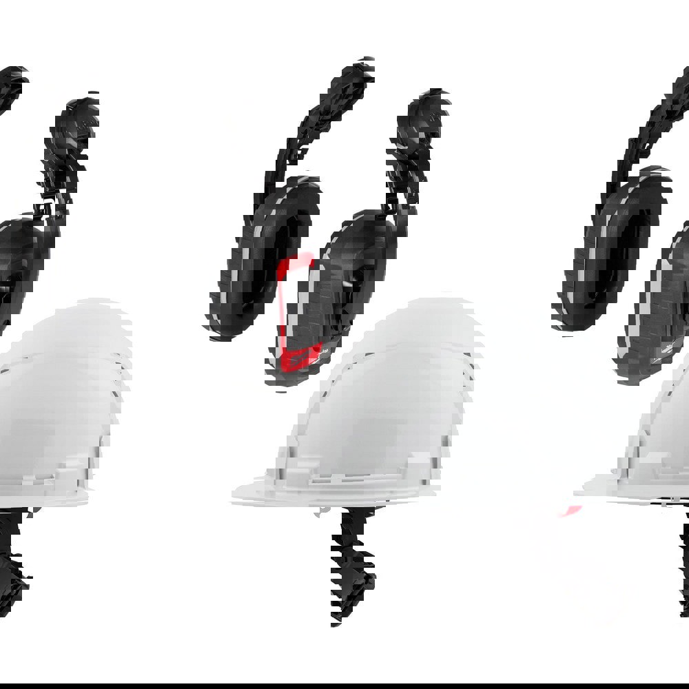 Earmuffs; Earmuff Type: Hard Hat Mounted ; Band Position: Hard Hat Cap Mounted ; Cushioned or Padded Headband: No ; Cup Color: Black ; Cup Material: Plastic ; Cushion Material: Foam